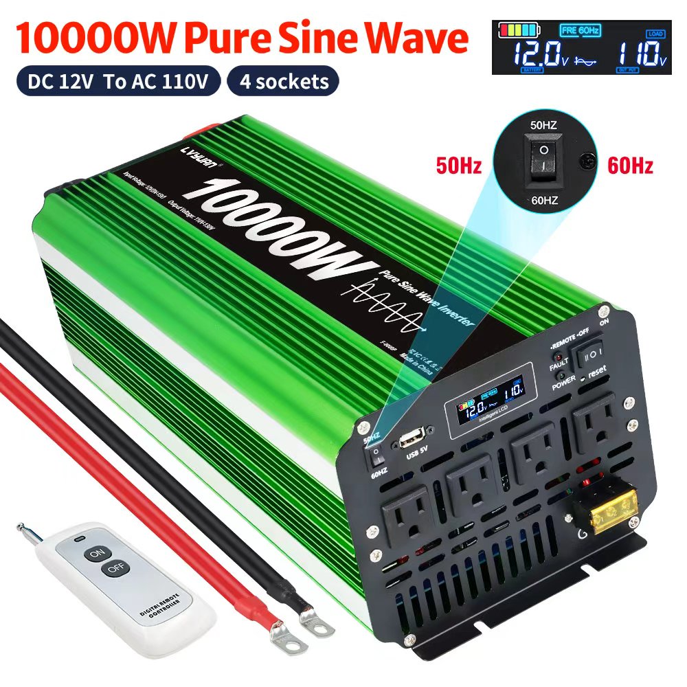 LVYUAN 5000W 10000W Peak Pure Sine Wave Power Inverter 12V DC to 110V AC Converter, 60Hz/50Hz, 4 AC Outlets + USB, LCD Display, Remote Control for Car, RV, Camping & Home Backup Green