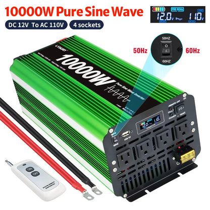 LVYUAN 5000W 10000W Peak Pure Sine Wave Power Inverter 12V DC to 110V AC Converter, 60Hz/50Hz, 4 AC Outlets + USB, LCD Display, Remote Control for Car, RV, Camping & Home Backup Green