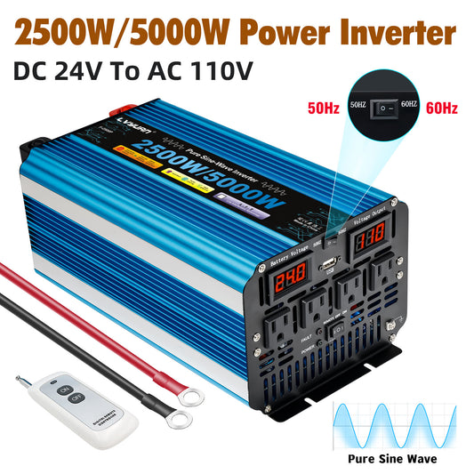 LVYUAN 2500W 5000W Peak Pure Sine Wave Power Inverter 24V DC to 110V AC Converter, 60Hz/50Hz, 4 AC Outlets + USB, LED Display, Remote Control for Car, RV, Camping & Home Backup
