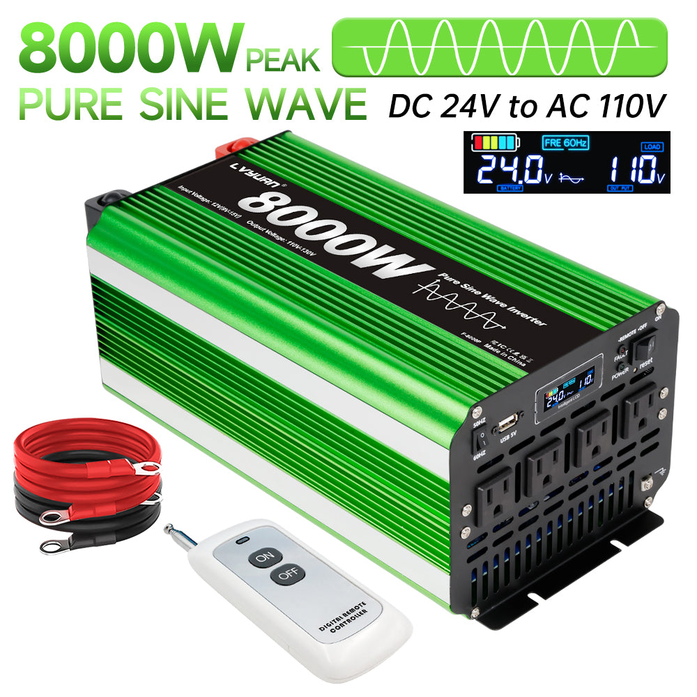 LVYUAN 4000W 8000W Peak Pure Sine Wave Power Inverter 24V DC to 110V AC Converter, 60Hz/50Hz, 4 AC Outlets + USB, LCD Display, Remote Control for Car, RV, Camping & Home Backup Green