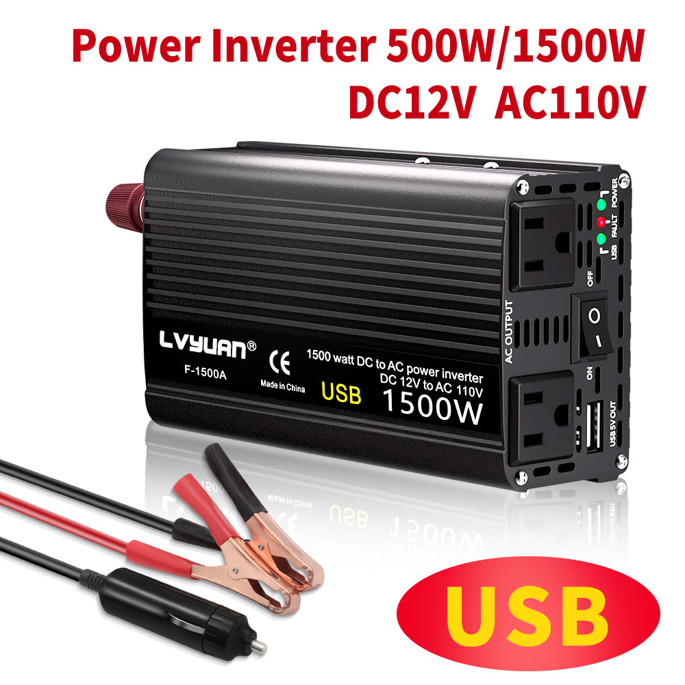 LVYUAN 1500 Watts Peak Power Inverter Modified Sine Wave DC 12V to AC 110V 120V Car Converter 2 AC Outlets + USB Adapter USB Charger for Car, RV, Camping & Home Backup Black