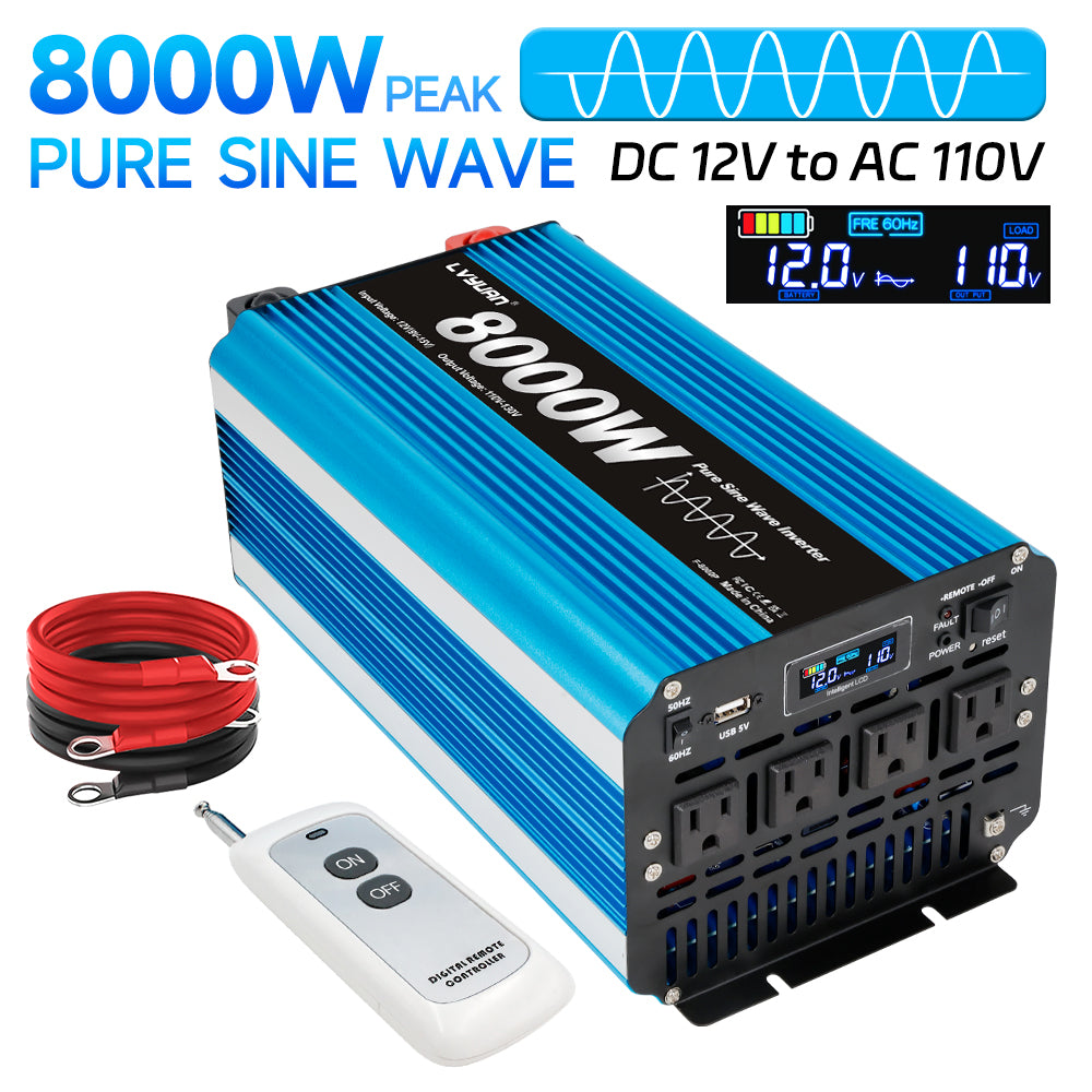 LVYUAN 4000W 8000W Peak Pure Sine Wave Power Inverter 12V DC to 110V AC Converter, 60Hz/50Hz, 4 AC Outlets + USB, LCD Display, Remote Control for Car, RV, Camping & Home Backup Blue
