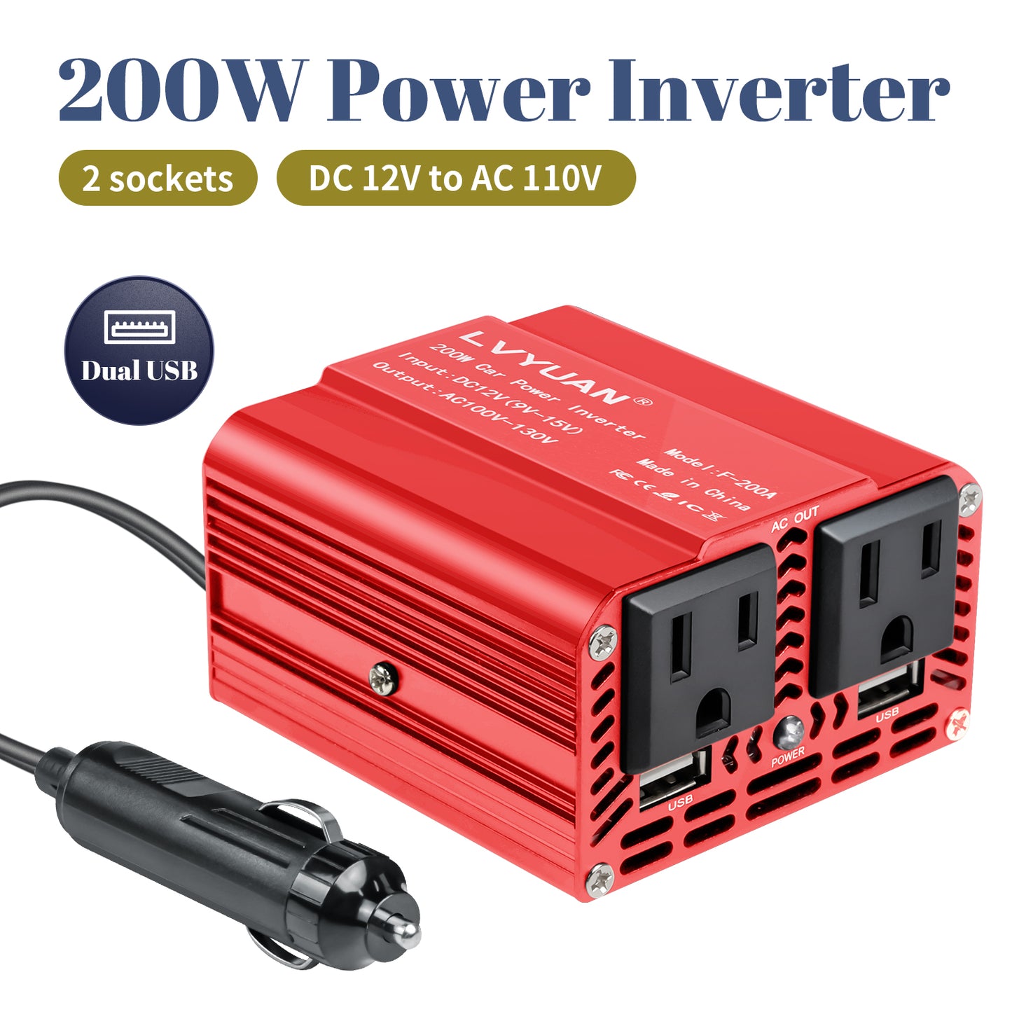 LVYUAN 200W Modified Sine Wave Power Inverter 12V DC to 110V AC Vehicles Converter 2 AC Outlets + 2USB Charger Car Plug Adapter for Laptop, Computer, Car, RV, Camping & Home Red