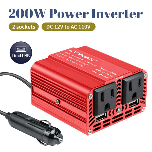 LVYUAN 200W Modified Sine Wave Power Inverter 12V DC to 110V AC Vehicles Converter 2 AC Outlets + 2USB Charger Car Plug Adapter for Laptop, Computer, Car, RV, Camping & Home Red