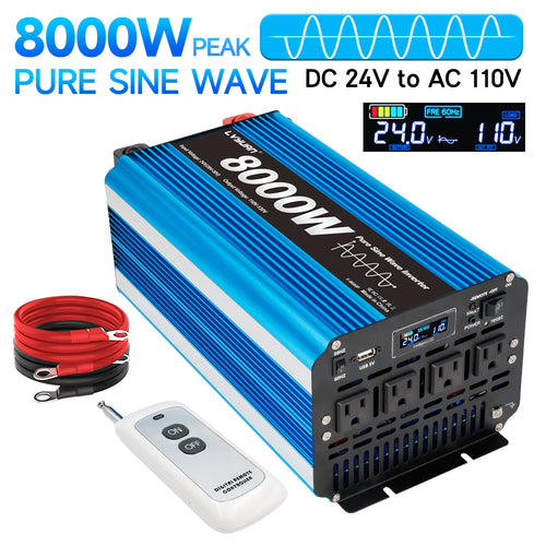 LVYUAN 4000W 8000W Peak Pure Sine Wave Power Inverter 24V DC to 110V AC Converter, 60Hz/50Hz, 4 AC Outlets + USB, LCD Display, Remote Control for Car, RV, Camping & Home Backup Blue