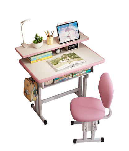 Kids Study Desk and Chair Set, LVYUAN Children School Drawing Desk Chair Set Height Adjustable Ergonomic Table and Chair Set  with LED Lamp, Book Stand, Storage Drawer, Hook Pink