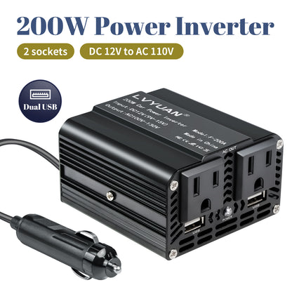 LVYUAN 200W Modified Sine Wave Power Inverter 12V DC to 110V AC Vehicles Converter 2 AC Outlets + 2USB Charger Car Plug Adapter for Laptop, Computer, Car, RV, Camping & Home Black