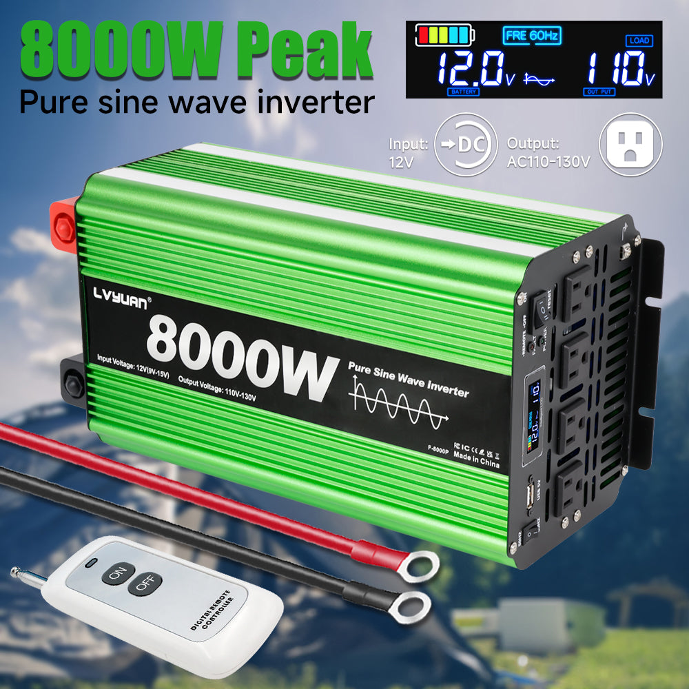 LVYUAN 4000W 8000W Peak Pure Sine Wave Power Inverter 12V DC to 110V AC Converter, 60Hz/50Hz, 4 AC Outlets + USB, LCD Display, Remote Control for Car, RV, Camping & Home Backup Green