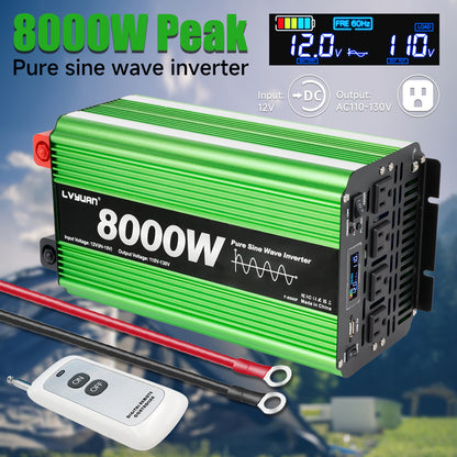 LVYUAN 4000W 8000W Peak Pure Sine Wave Power Inverter 12V DC to 110V AC Converter, 60Hz/50Hz, 4 AC Outlets + USB, LCD Display, Remote Control for Car, RV, Camping & Home Backup Green