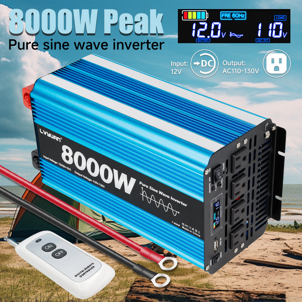 LVYUAN 4000W 8000W Peak Pure Sine Wave Power Inverter 12V DC to 110V AC Converter, 60Hz/50Hz, 4 AC Outlets + USB, LCD Display, Remote Control for Car, RV, Camping & Home Backup Blue