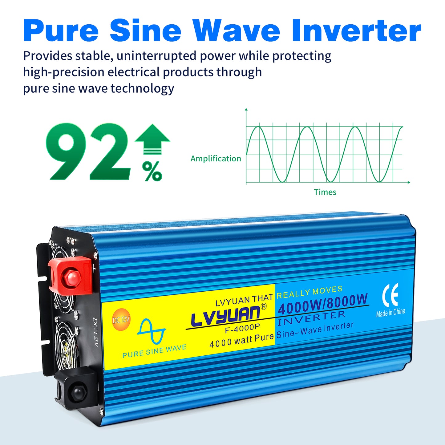 LVYUAN 4000W 8000W Peak Pure Sine Wave Power Inverter 12V DC to 110V AC Converter, 60Hz/50Hz, 4 AC Outlets + USB, LED Display, Remote Control for Car, RV, Camping & Home Backup