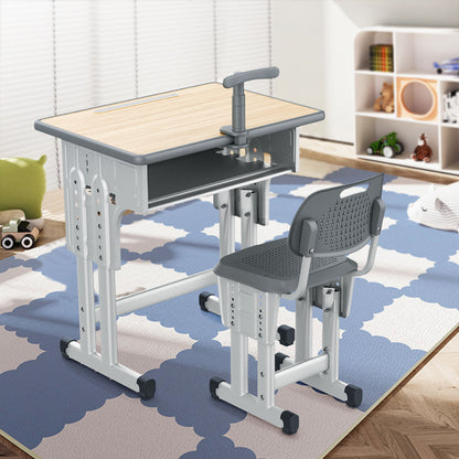 Kids Study Desk and Chair Set, LVYUAN Height Adjustable Children School Study Drawing Desk, Ergonomic Kids Table Desk and Chair Set with Storage Drawer, Hook, Bracket, Pen Slot for Ages 3-18 Gray
