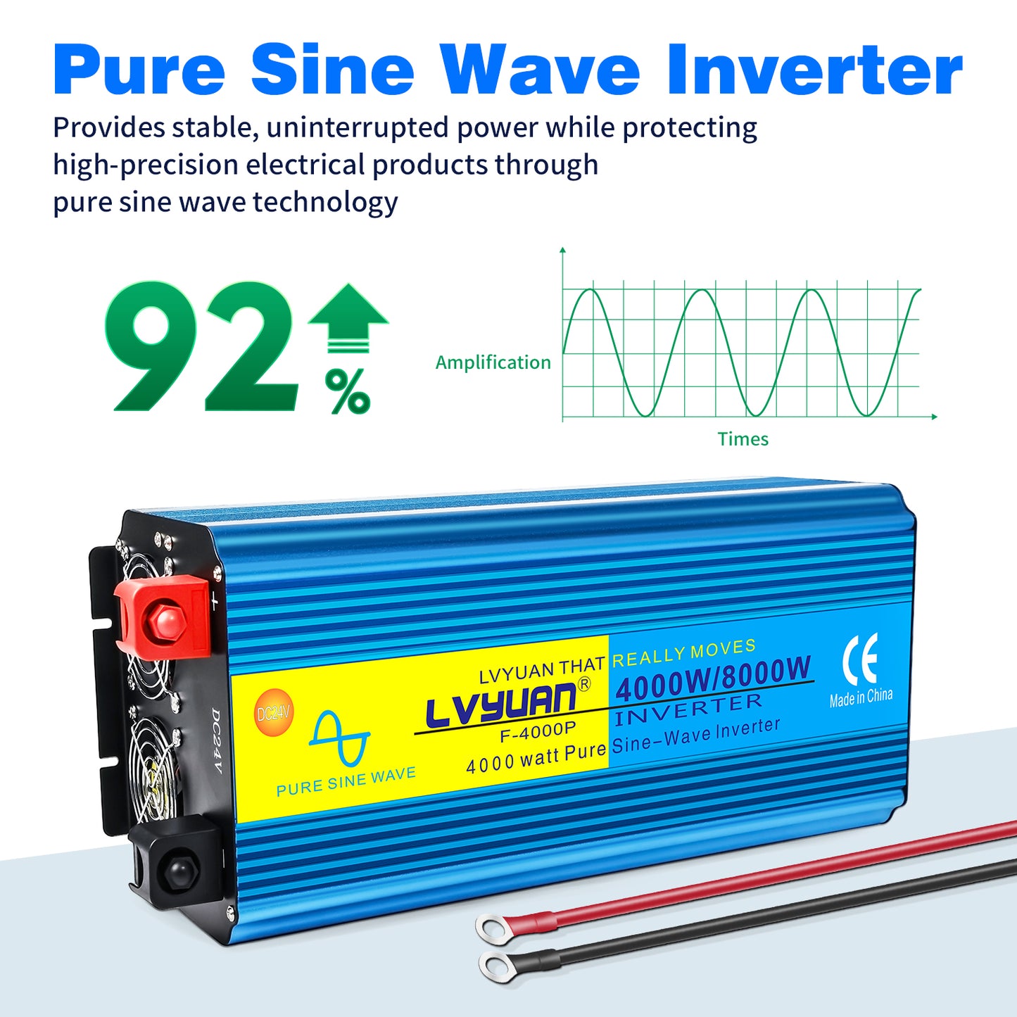 LVYUAN 4000W 8000W Peak Pure Sine Wave Power Inverter 24V DC to 110V AC Converter, 60Hz/50Hz, 4 AC Outlets + USB, LED Display, Remote Control for Car, RV, Camping & Home Backup