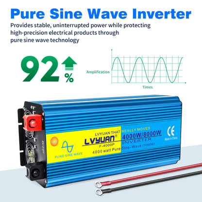 LVYUAN 4000W 8000W Peak Pure Sine Wave Power Inverter 24V DC to 110V AC Converter, 60Hz/50Hz, 4 AC Outlets + USB, LED Display, Remote Control for Car, RV, Camping & Home Backup