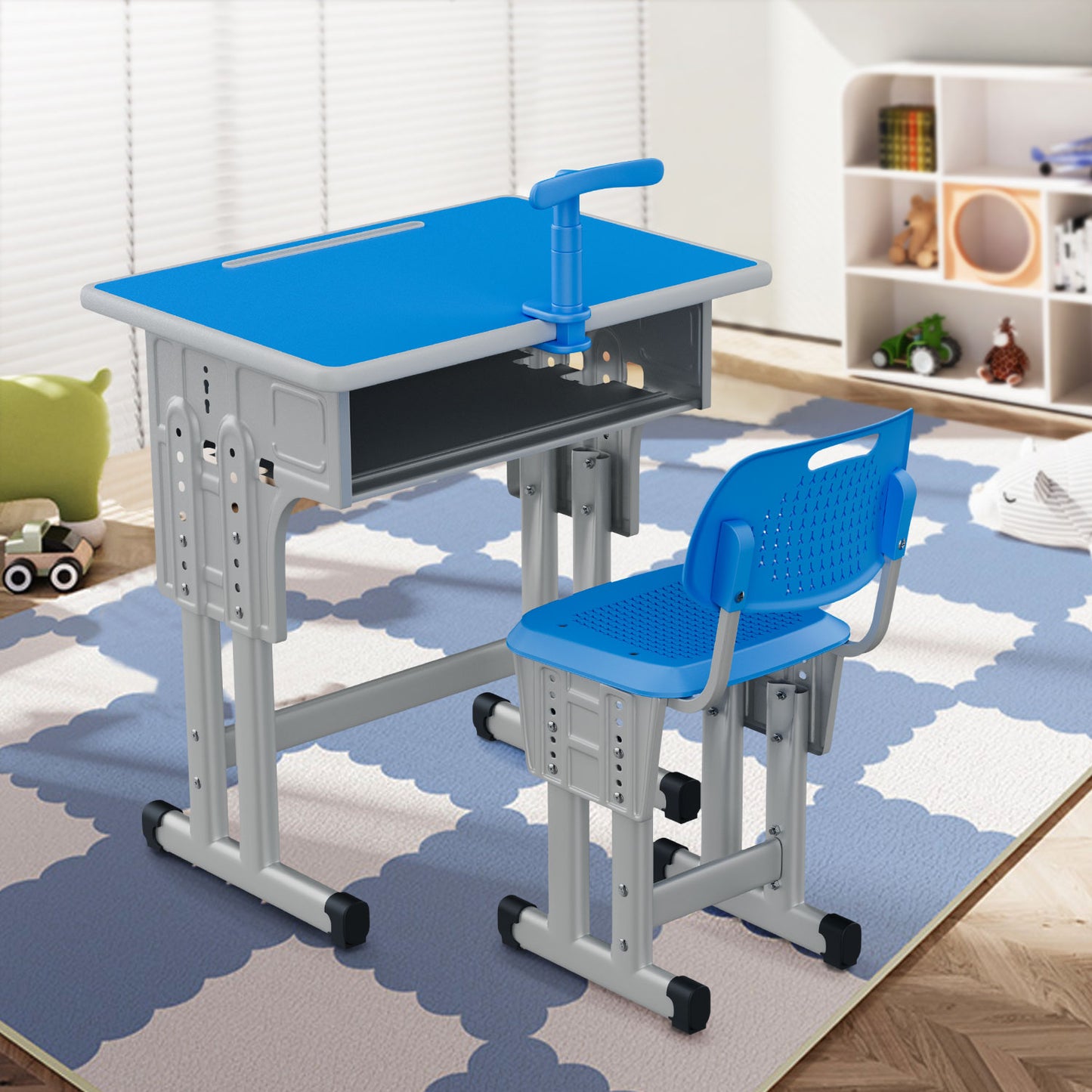 Kids Study Desk and Chair Set, LVYUAN Height Adjustable Children School Study Drawing Desk, Ergonomic Kids Table Desk and Chair Set with Storage Drawer, Hook, Bracket, Pen Slot for Ages 3-18 Blue