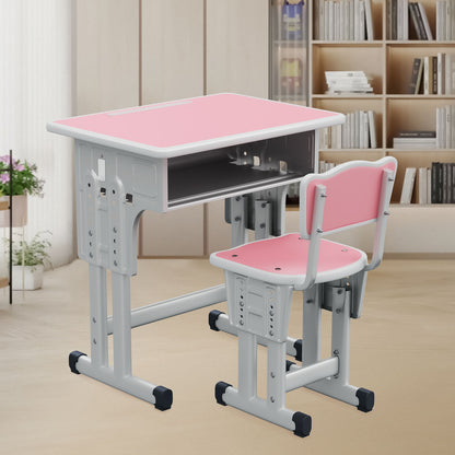 Kids Study Desk and Chair Set, LVYUAN Children School Study Drawing Desk Chair Height Adjustable Kids Table Desk and Chair Set with Storage Drawer, Hook Pink