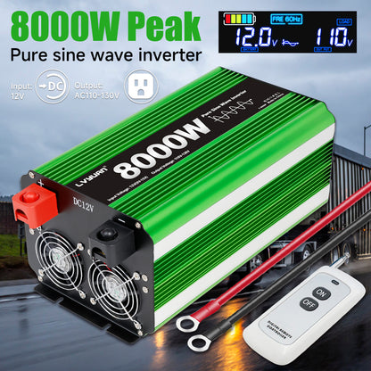 LVYUAN 4000W 8000W Peak Pure Sine Wave Power Inverter 12V DC to 110V AC Converter, 60Hz/50Hz, 4 AC Outlets + USB, LCD Display, Remote Control for Car, RV, Camping & Home Backup Green