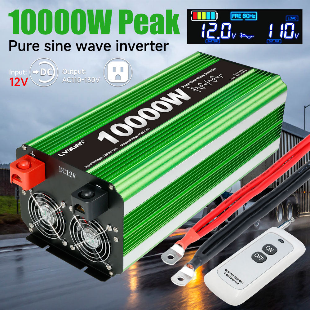 LVYUAN 5000W 10000W Peak Pure Sine Wave Power Inverter 12V DC to 110V AC Converter, 60Hz/50Hz, 4 AC Outlets + USB, LCD Display, Remote Control for Car, RV, Camping & Home Backup Green