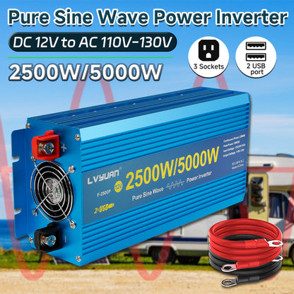 LVYUAN 2500W 5000W Peak Power Inverter DC 12V to AC 110V Pure Sine Wave Car Battery Inverter 3 AC Outlets & 2 USB Charger Adapter LCD Display for Car, RV, Truck, Camping, Home Backup, Emergency Power