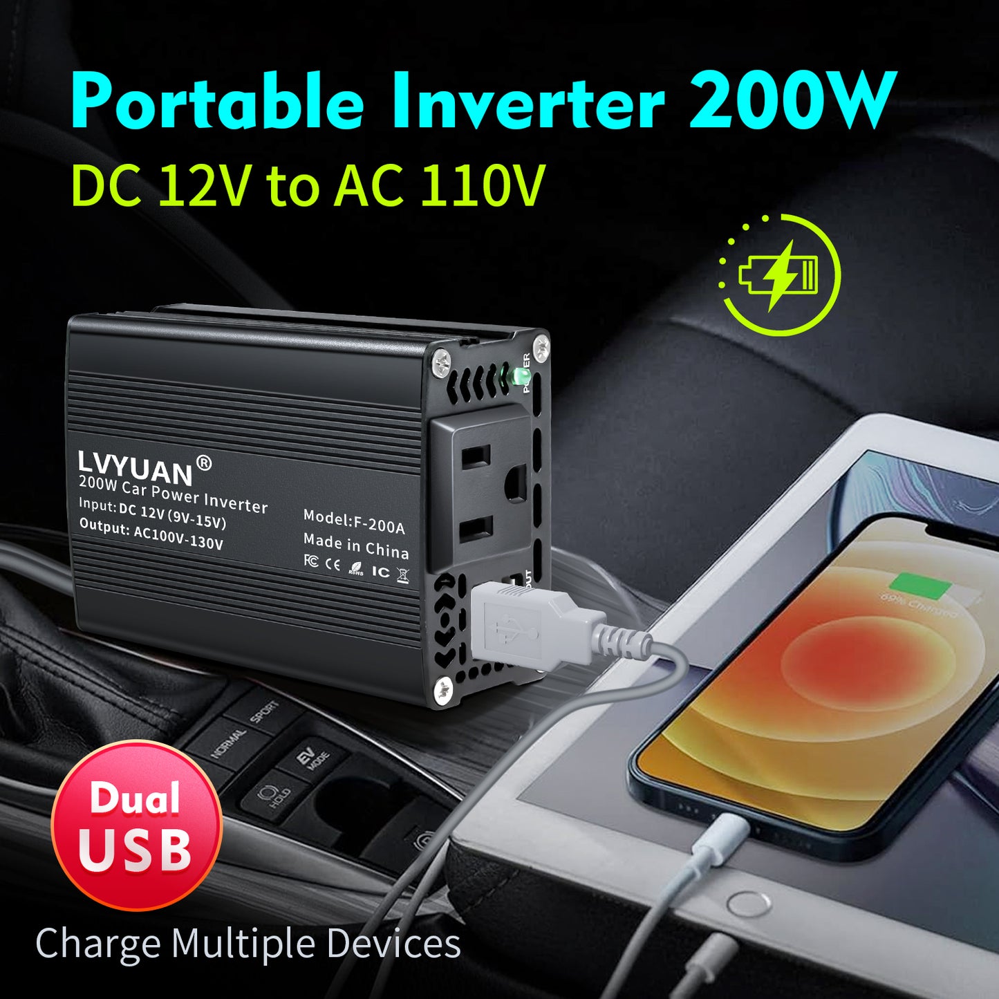 LVYUAN 200Watts Power Inverter Converter Adapter 12V DC to 110V AC Car Charger with 2 USB Ports for Cars, Camping, and Travel
