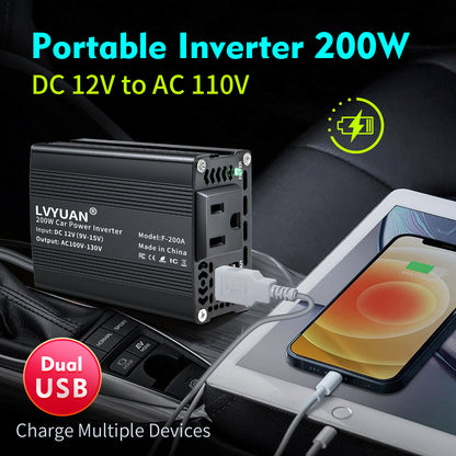 LVYUAN 200Watts Power Inverter Converter Adapter 12V DC to 110V AC Car Charger with 2 USB Ports for Cars, Camping, and Travel