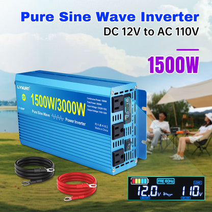 LVYUAN 1500W 3000W Peak Power Inverter DC 12V to AC 110V Pure Sine Wave Car Battery Inverter 3 AC Outlets Charger Adapter LCD Display for Car, RV, Truck, Camping, Home Backup, Emergency Power