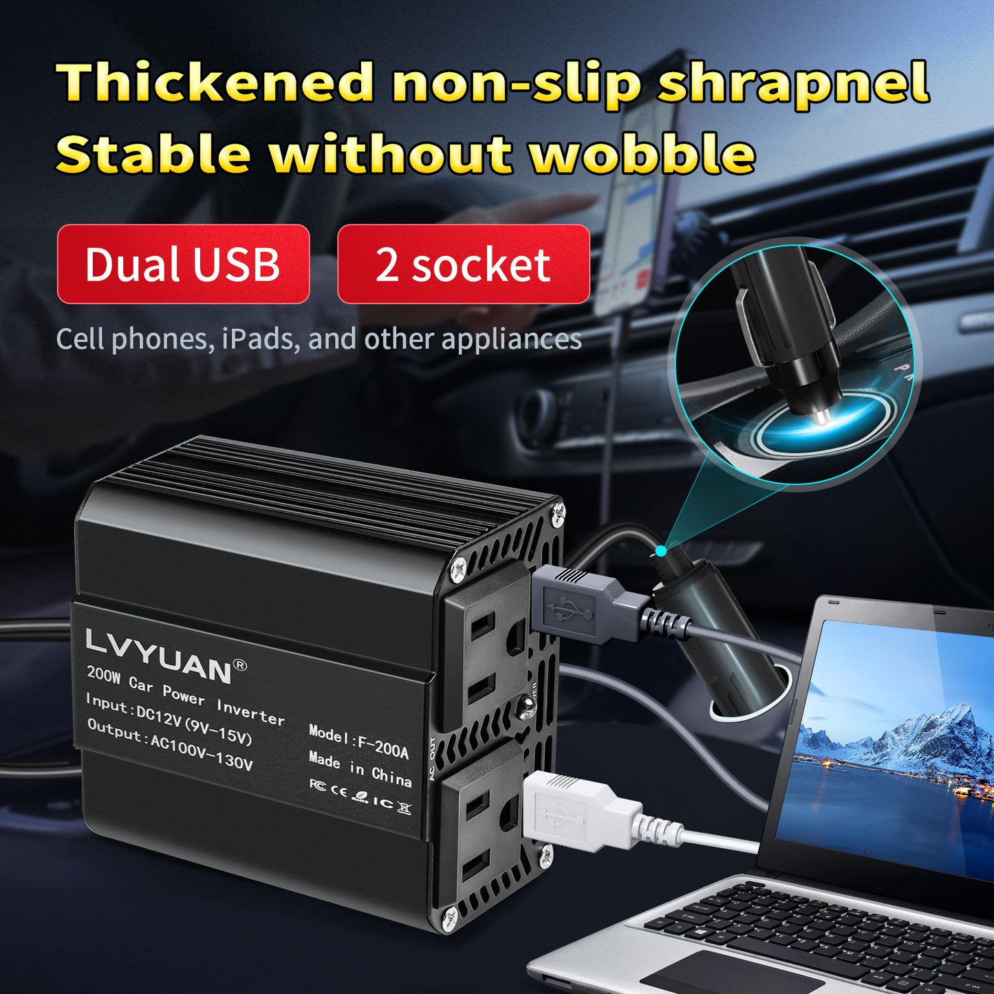 LVYUAN 200W Modified Sine Wave Power Inverter 12V DC to 110V AC Vehicles Converter 2 AC Outlets + 2USB Charger Car Plug Adapter for Laptop, Computer, Car, RV, Camping & Home Black