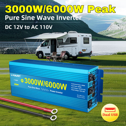 LVYUAN 3000W 6000W Peak Power Inverter DC 12V to AC 110V Pure Sine Wave Car Battery Inverter 3 AC Outlets & 2 USB Charger Adapter LCD Display for Car, RV, Truck, Camping, Home Backup, Emergency Power