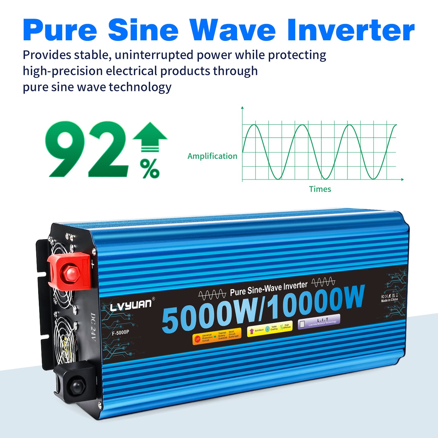 LVYUAN 5000W 10000W Peak Pure Sine Wave Power Inverter 24V DC to 110V AC Converter, 60Hz/50Hz, 4 AC Outlets + USB, LED Display, Remote Control for Car, RV, Camping & Home Backup