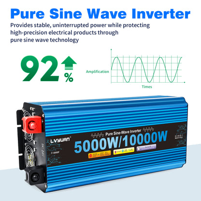 LVYUAN 5000W 10000W Peak Pure Sine Wave Power Inverter 24V DC to 110V AC Converter, 60Hz/50Hz, 4 AC Outlets + USB, LED Display, Remote Control for Car, RV, Camping & Home Backup