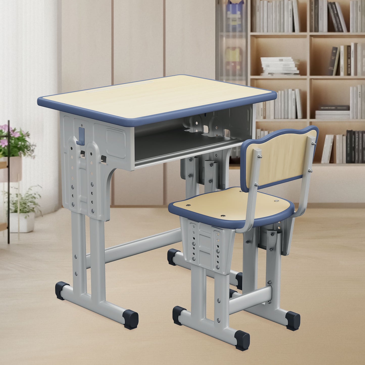 Kids Study Desk and Chair Set, LVYUAN Children School Study Drawing Desk Chair Height Adjustable Kids Table Desk and Chair Set with Storage Drawer, Hook Gray