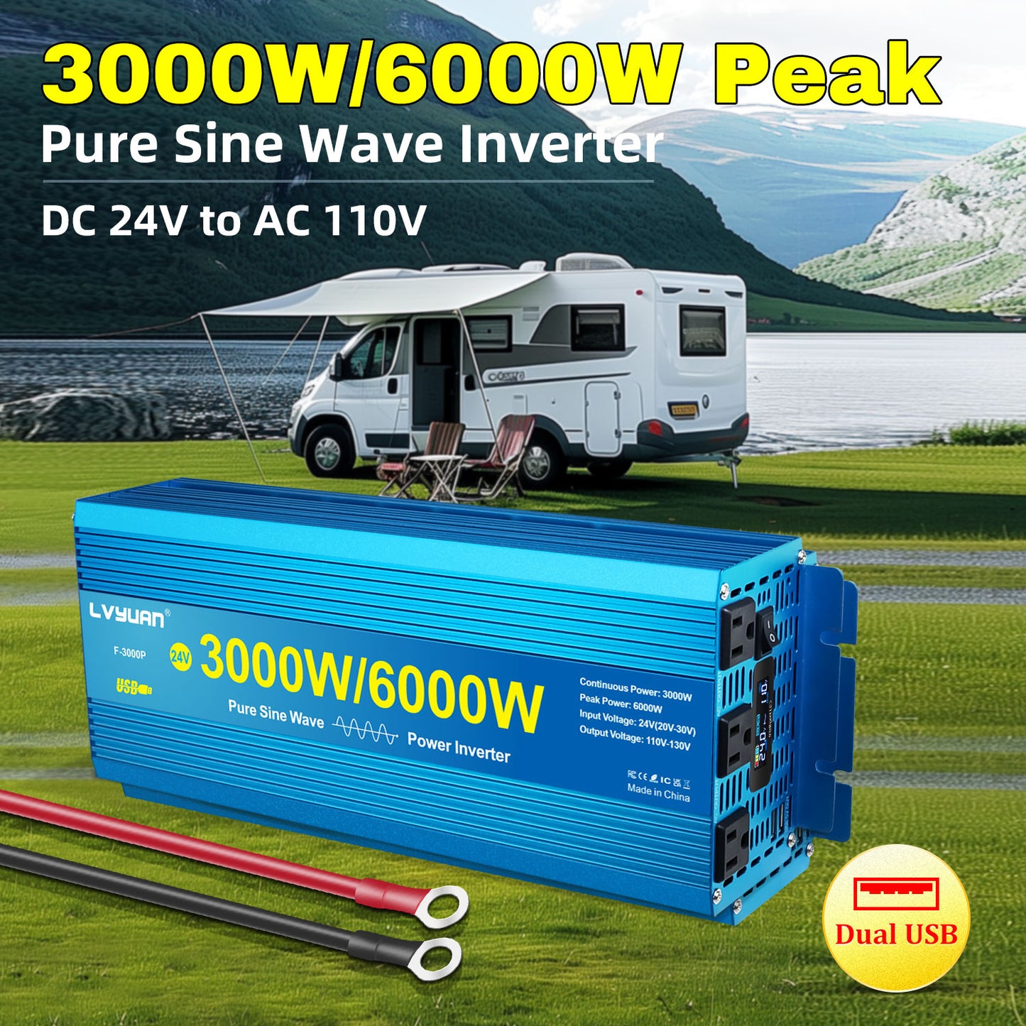 LVYUAN 3000W 6000W Peak Power Inverter DC 24V to AC 110V Pure Sine Wave Car Battery Inverter 3 AC Outlets & 2 USB Charger Adapter LCD Display for Car, RV, Truck, Camping, Home Backup, Emergency Power
