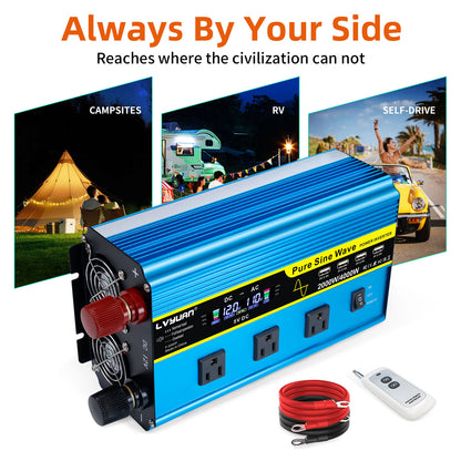 LVYUAN 2000W 4000W Pure Sine Wave Power Inverter DC 12V to AC 110V 120V Car Converter 3 AC Outlets + 4 USB LCD Display with Remote Control for Car, RV, Camping & Home Backup Blue