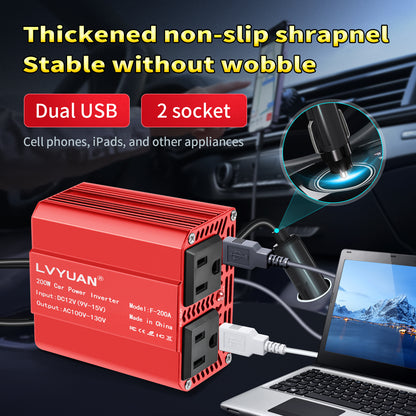 LVYUAN 200W Modified Sine Wave Power Inverter 12V DC to 110V AC Vehicles Converter 2 AC Outlets + 2USB Charger Car Plug Adapter for Laptop, Computer, Car, RV, Camping & Home Red
