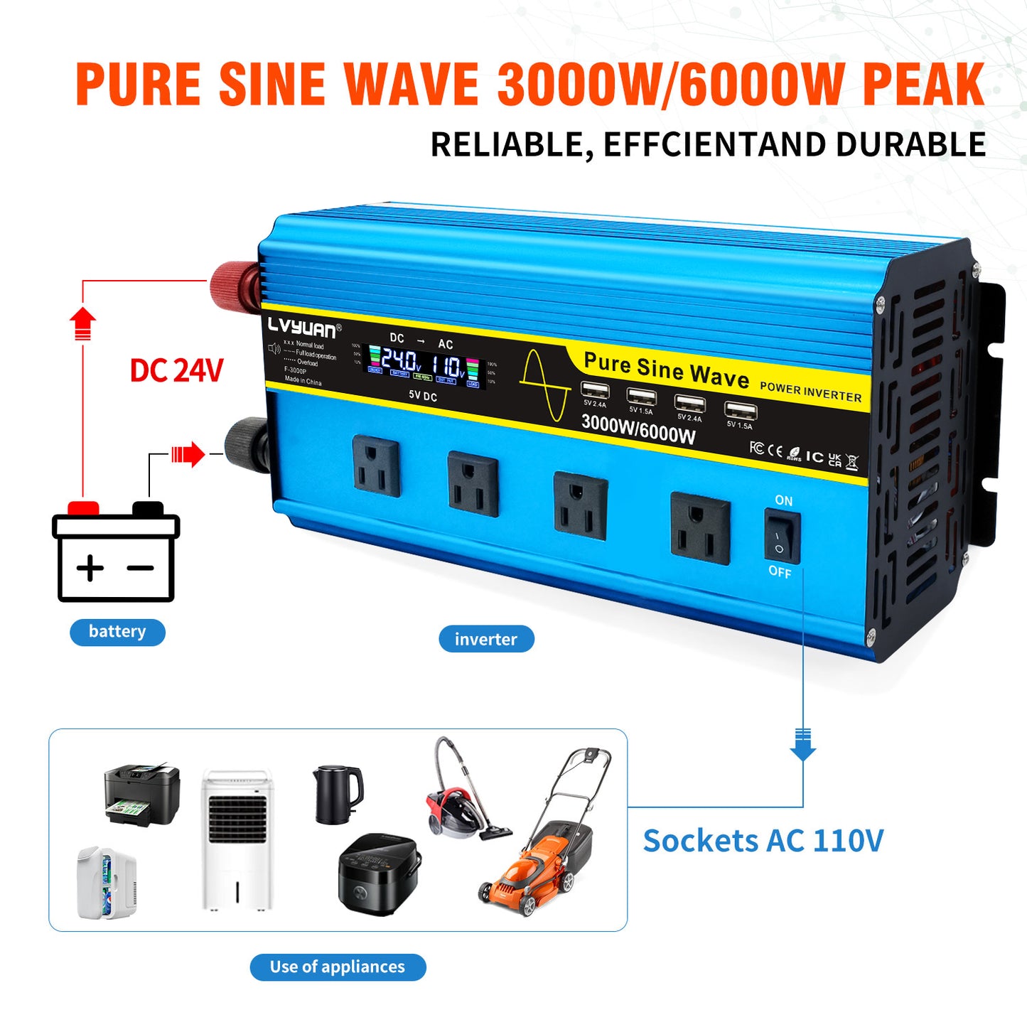 LVYUAN 3000W 6000W Pure Sine Wave Power Inverter DC 24V to AC 110V 120V Car Converter 4 AC Outlets + 4 USB LCD Display with Remote Control for Car, RV, Camping & Home Backup Blue