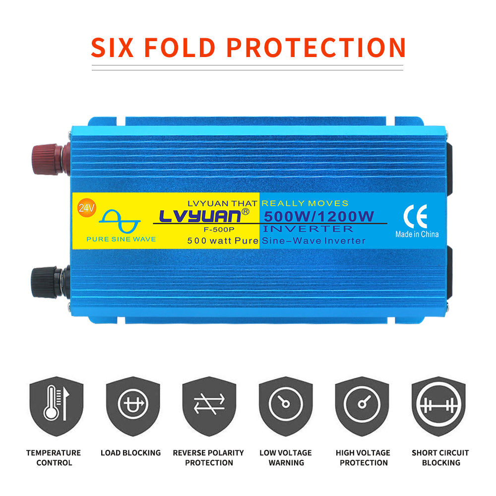 LVYUAN 500 Watts 1200 Watts  Pure Sine Wave Car Power Inverter 24V DC to 110V/120V AC Car Battery Converter Charger Adapter 2USB 2AC for Laptops, RVs, Trucks