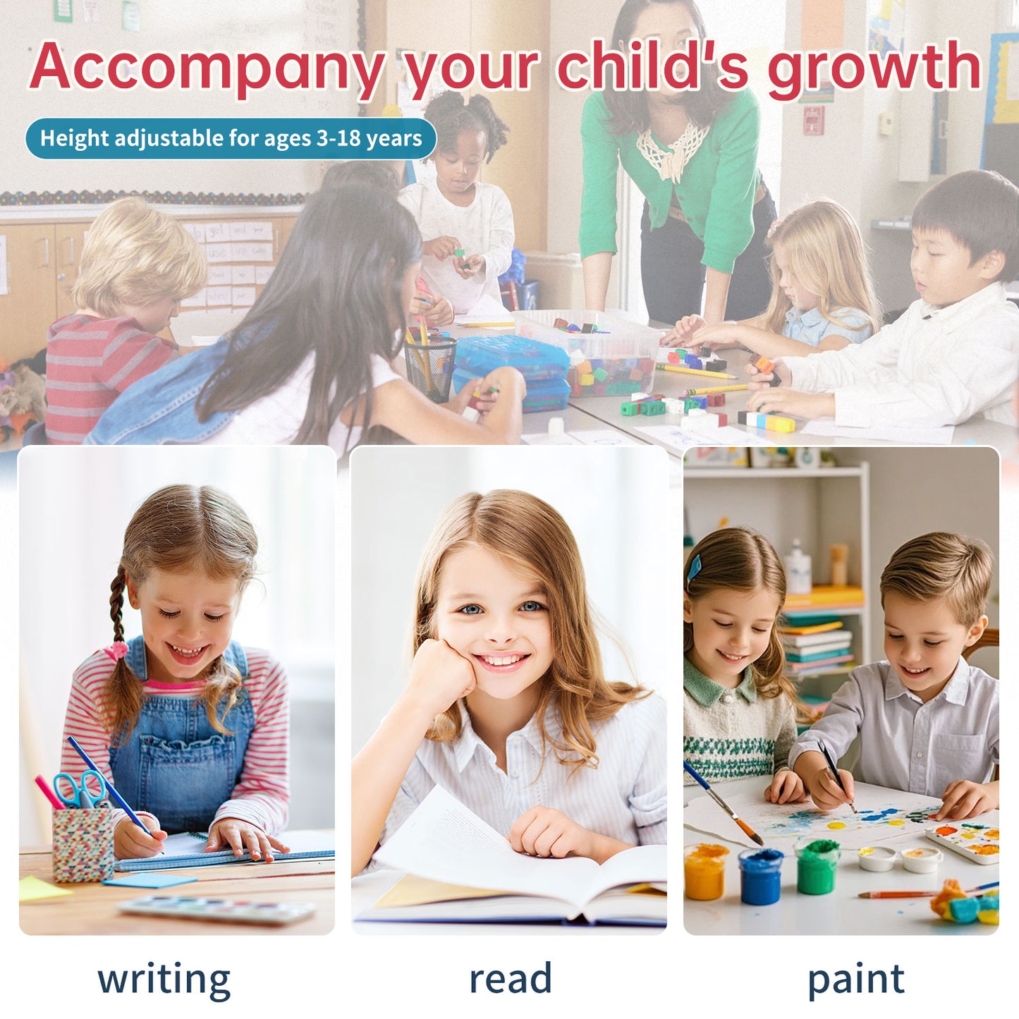 LVYUAN Kids Study Desk and Chair Set Height Adjustable Children School Study Drawing Desk Chair with LED Lamp, Tilt Desktop, Storage Drawer, Book Stand Blue