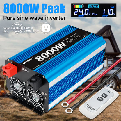 LVYUAN 4000W 8000W Peak Pure Sine Wave Power Inverter 24V DC to 110V AC Converter, 60Hz/50Hz, 4 AC Outlets + USB, LCD Display, Remote Control for Car, RV, Camping & Home Backup Blue