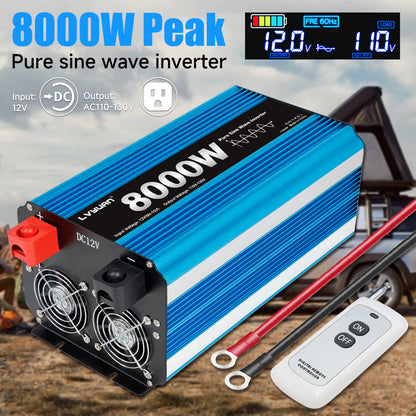 LVYUAN 4000W 8000W Peak Pure Sine Wave Power Inverter 12V DC to 110V AC Converter, 60Hz/50Hz, 4 AC Outlets + USB, LCD Display, Remote Control for Car, RV, Camping & Home Backup Blue