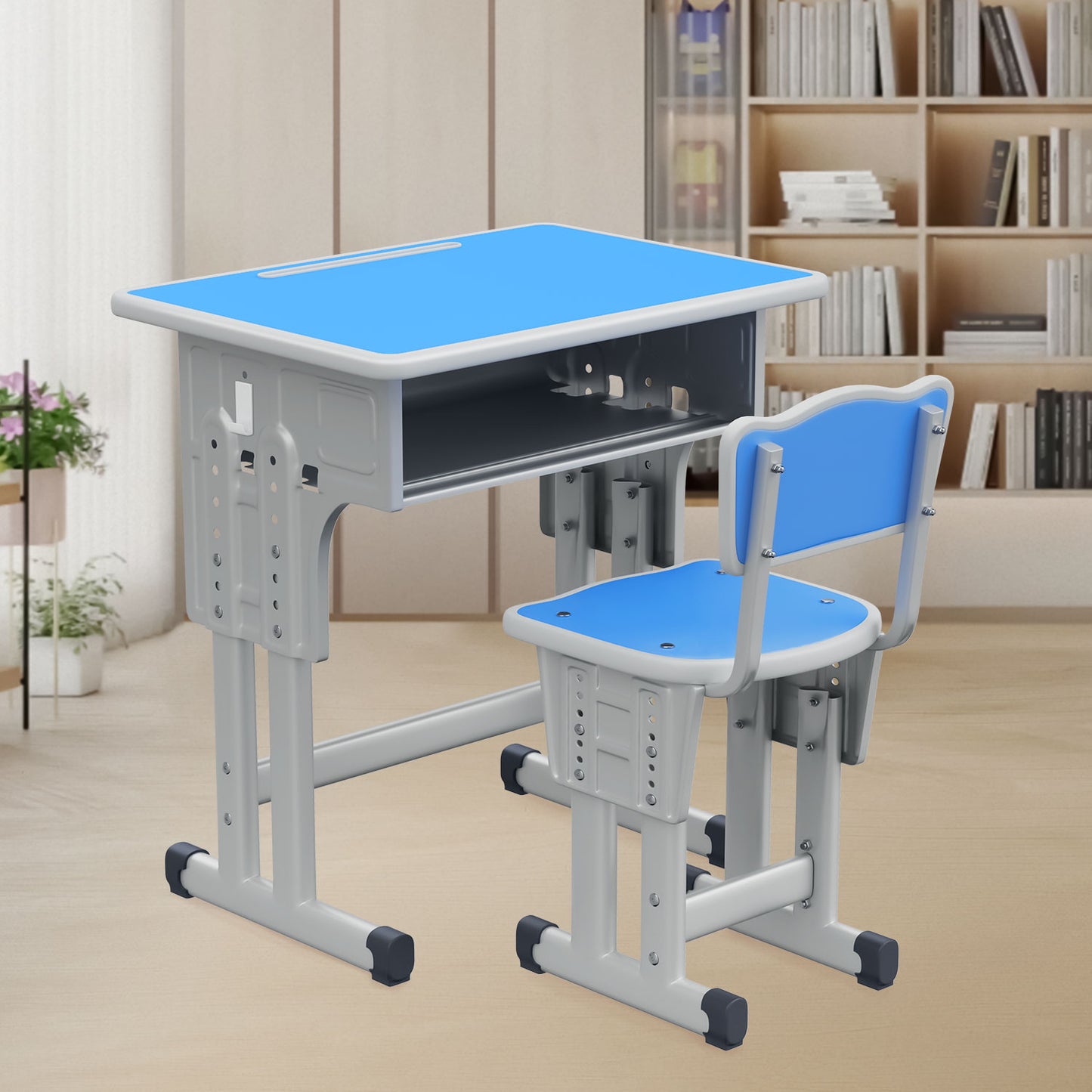 Kids Study Desk and Chair Set, LVYUAN Children School Study Drawing Desk Chair Height Adjustable Kids Table Desk and Chair Set with Storage Drawer, Hook Blue