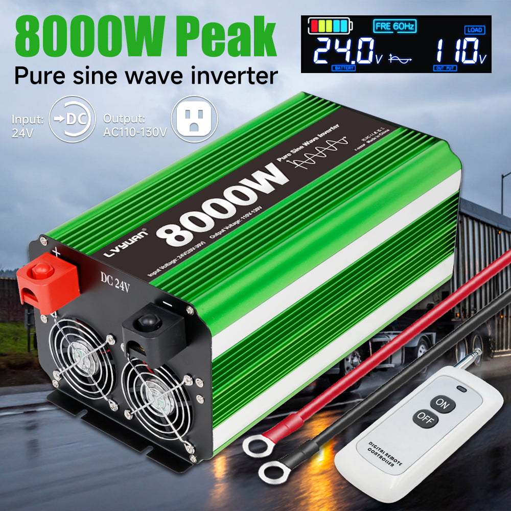 LVYUAN 4000W 8000W Peak Pure Sine Wave Power Inverter 24V DC to 110V AC Converter, 60Hz/50Hz, 4 AC Outlets + USB, LCD Display, Remote Control for Car, RV, Camping & Home Backup Green
