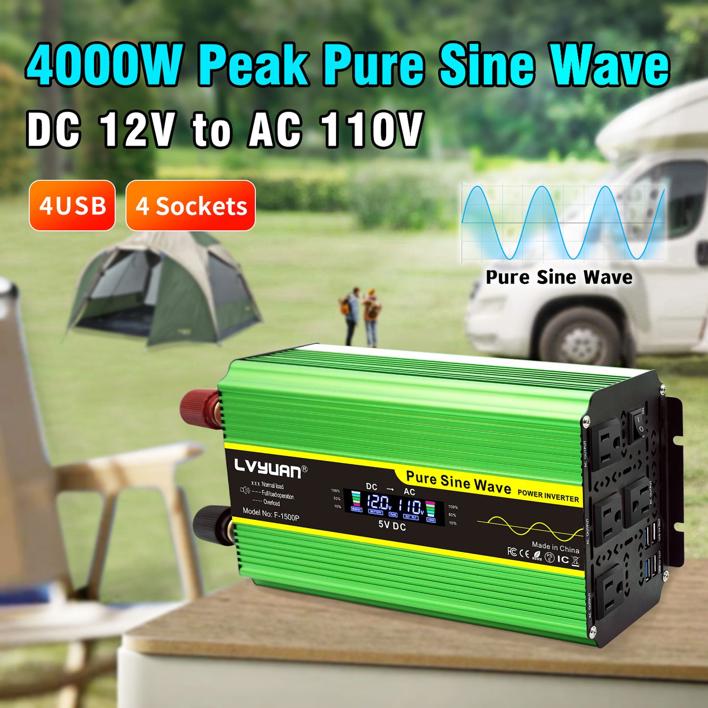 LVYUAN 2000W 4000W Pure Sine Wave Power Inverter DC 12V to AC 110V 120V Car Converter 4 AC Outlets + 4 USB LCD Display with Remote Control for Car, RV, Camping & Home Backup Green