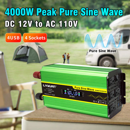 LVYUAN 2000W 4000W Pure Sine Wave Power Inverter DC 12V to AC 110V 120V Car Converter 4 AC Outlets + 4 USB LCD Display with Remote Control for Car, RV, Camping & Home Backup Green