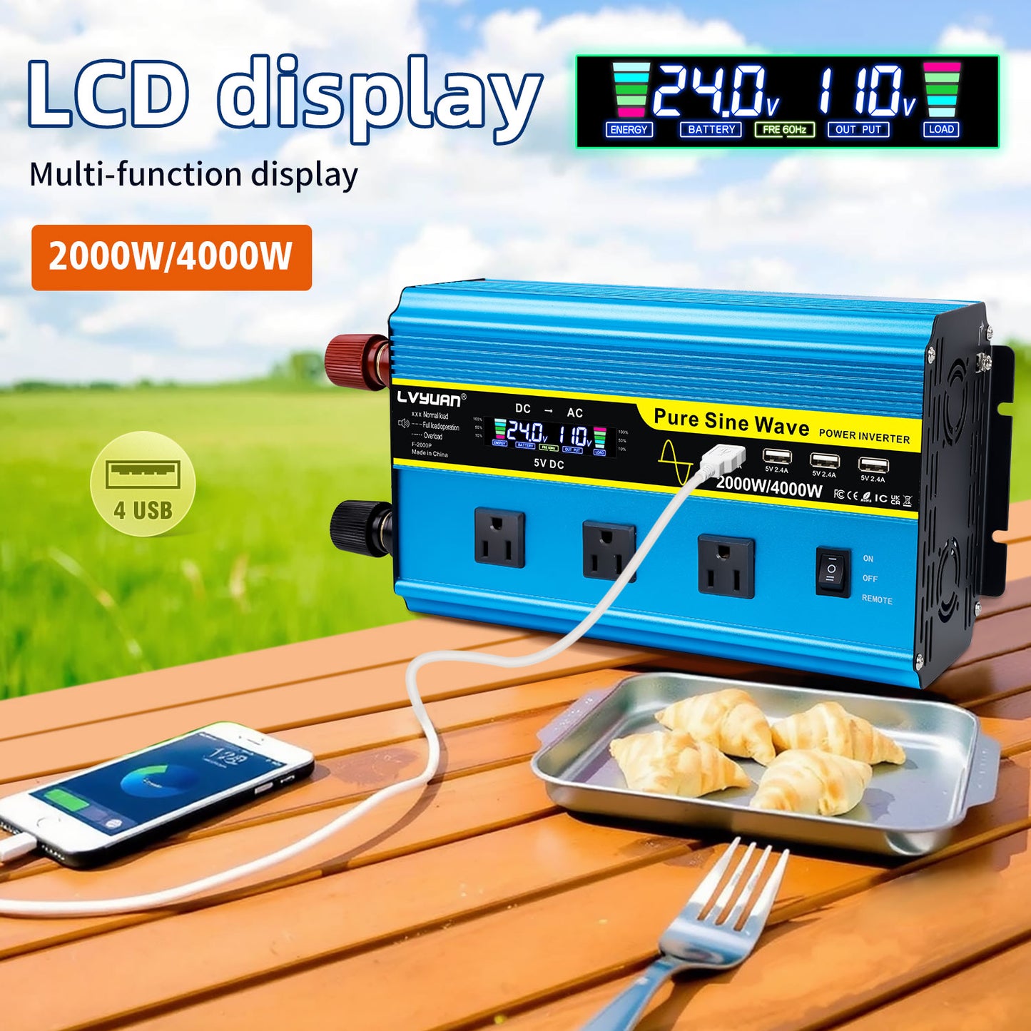 LVYUAN 2000W 4000W Pure Sine Wave Power Inverter DC 24V to AC 110V 120V Car Converter 3 AC Outlets + 4 USB LCD Display with Remote Control for Car, RV, Camping & Home Backup Blue