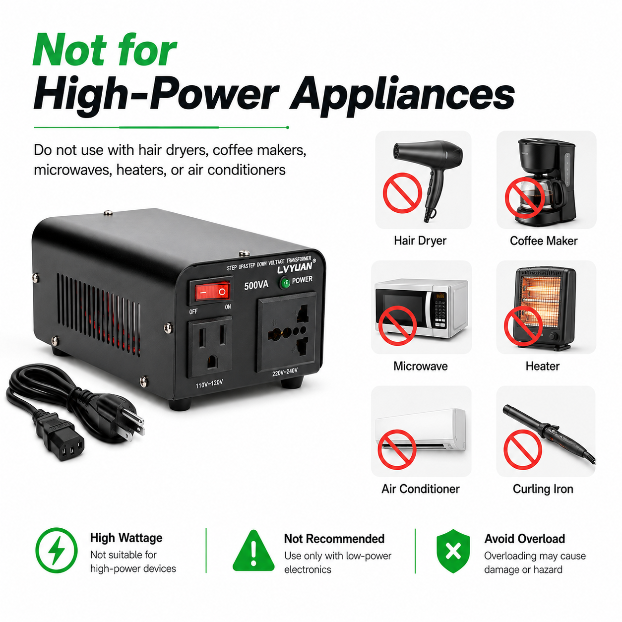 Lvyuan 500VA 220V ⇄ 110V Step Up & Step Down Voltage Transformer Converter with US Outlet, Universal Outlet & Circuit Breaker