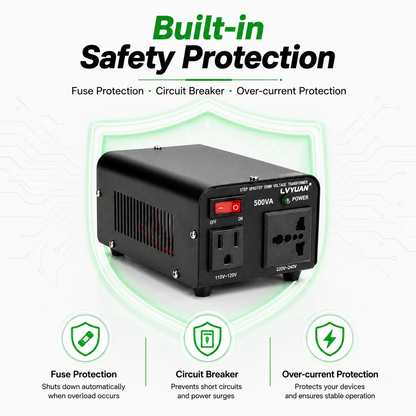 Lvyuan 500VA 220V ⇄ 110V Step Up & Step Down Voltage Transformer Converter with US Outlet, Universal Outlet & Circuit Breaker