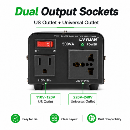Lvyuan 500VA 220V ⇄ 110V Step Up & Step Down Voltage Transformer Converter with US Outlet, Universal Outlet & Circuit Breaker
