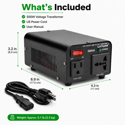 Lvyuan 500VA 220V ⇄ 110V Step Up & Step Down Voltage Transformer Converter with US Outlet, Universal Outlet & Circuit Breaker