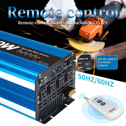 LVYUAN 5000W 10000W Peak Pure Sine Wave Power Inverter 12V DC to 110V AC Converter, 60Hz/50Hz, 4 AC Outlets + USB, LCD Display, Remote Control for Car, RV, Camping & Home Backup Blue