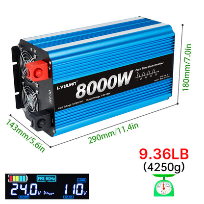LVYUAN 4000W 8000W Peak Pure Sine Wave Power Inverter 24V DC to 110V AC Converter, 60Hz/50Hz, 4 AC Outlets + USB, LCD Display, Remote Control for Car, RV, Camping & Home Backup Blue